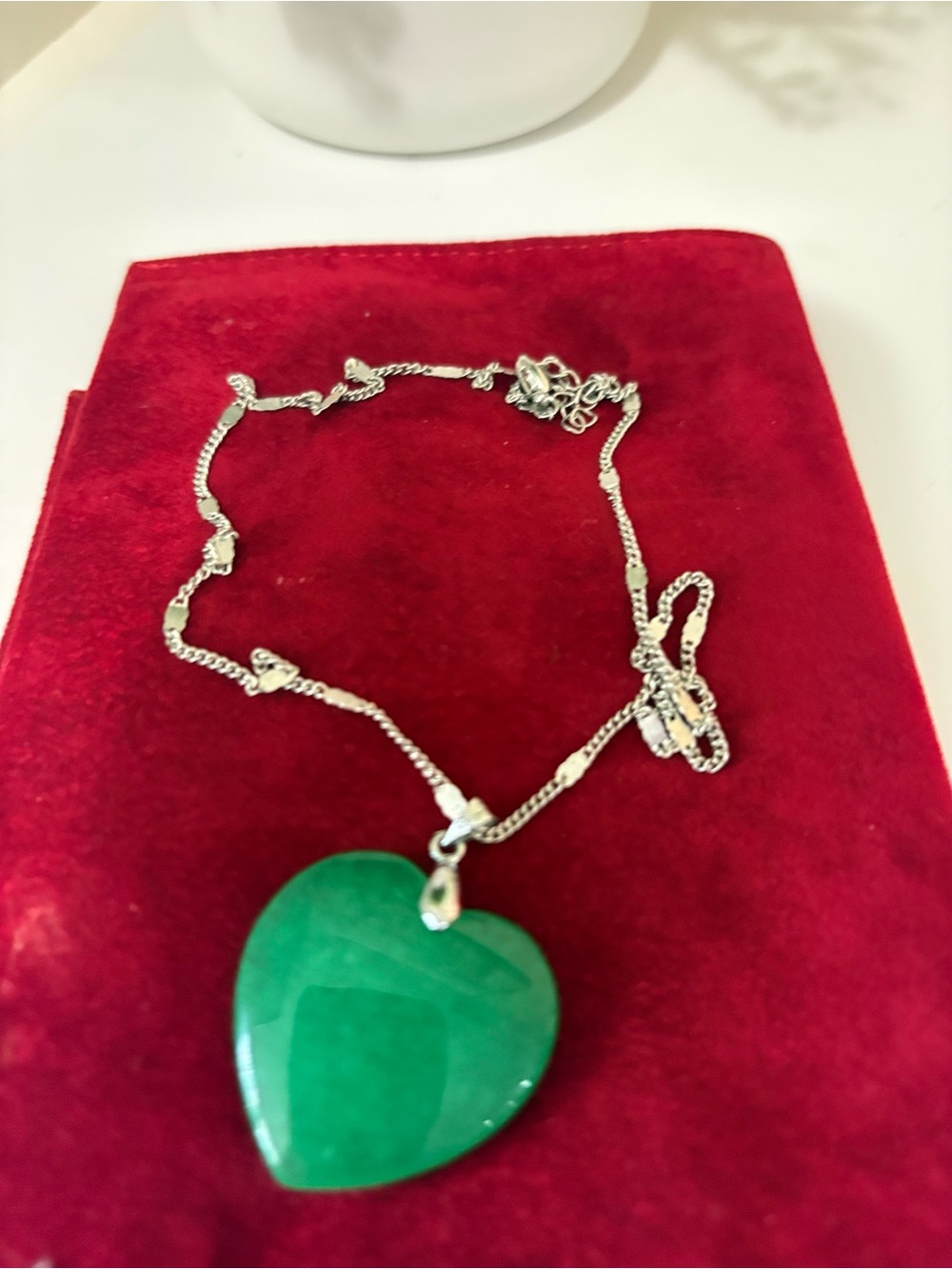 Vintage Green Aventurine Heart Pendant Necklace Silver Tone Boho Natural Stone